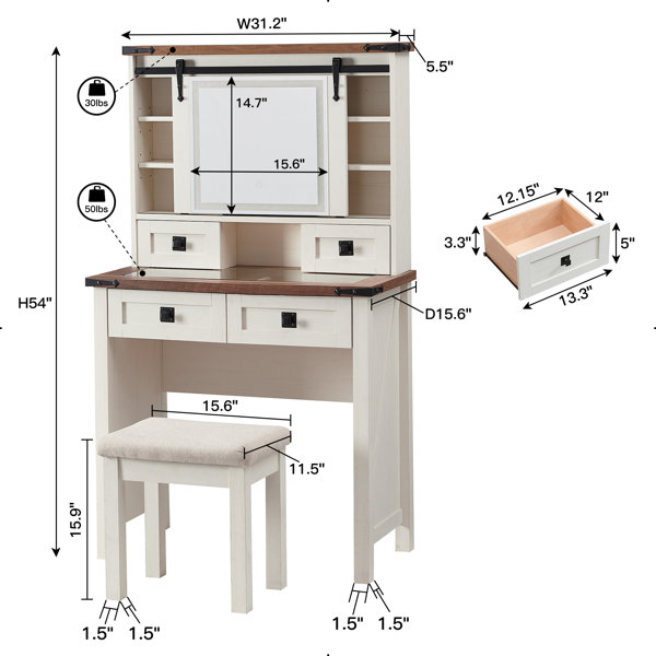Millwood Pines Norham 31.2" W Make up Vanity Table with Glass Tabletop
